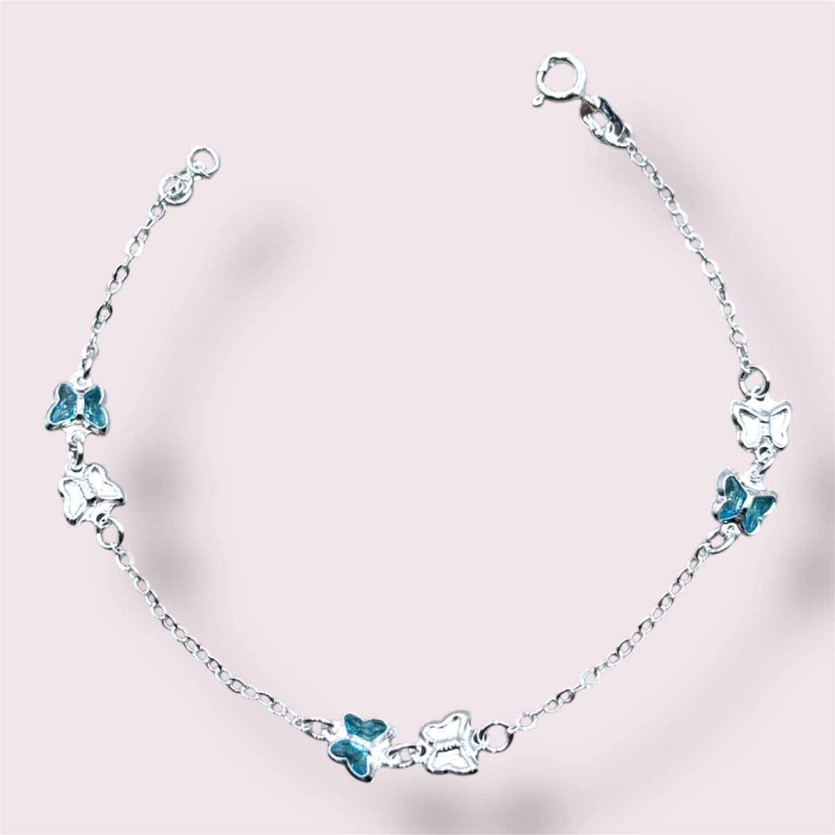 PULSEIRA BORBOLETAS AZUIS E PRATA 18,5CM